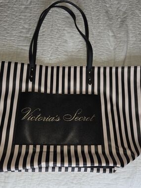 Victoria's Secret Black and White Striped Tote with Gold Logo